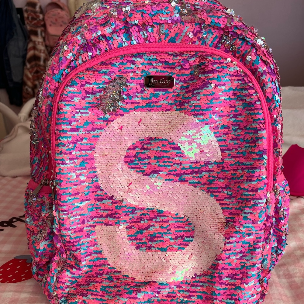 Hot pink Justice S initial flip sequins backpack! 💚